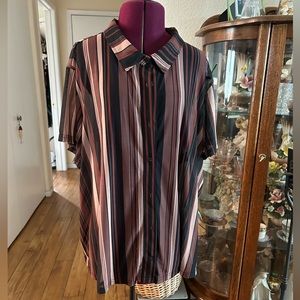 BP. Sheer Brown & Black Striped Short Sleeve Blouse.